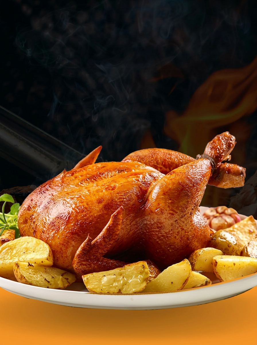 Frango assado dourado com batatas